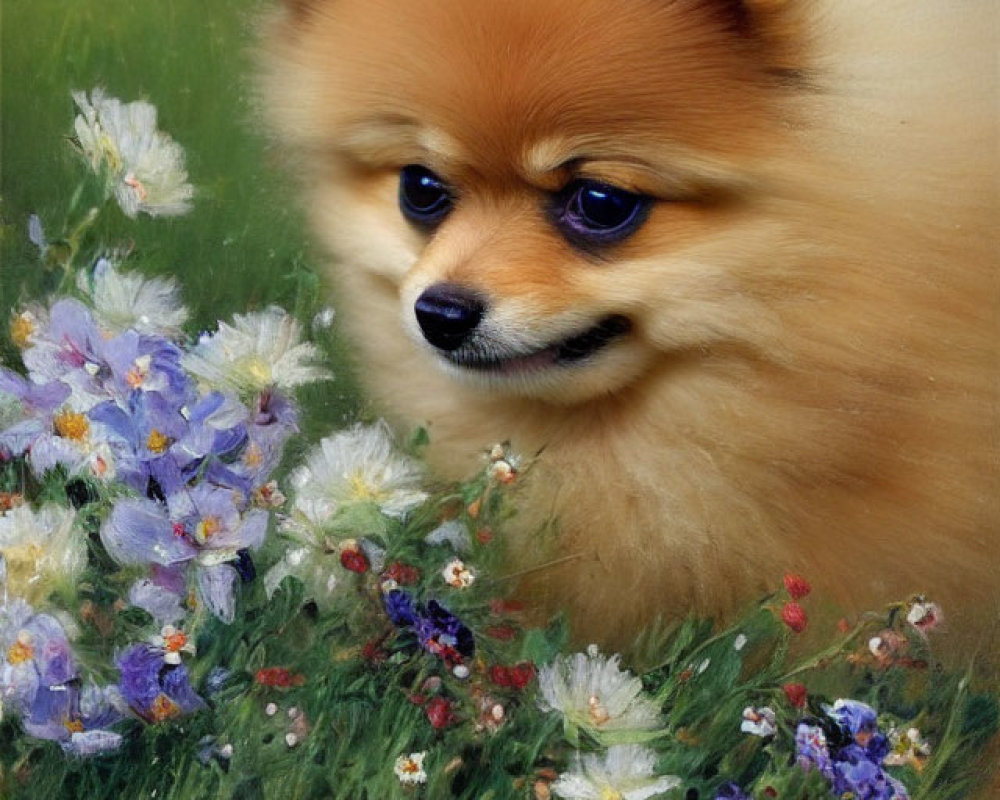 Fluffy Pomeranian Dog Surrounded by Wildflowers and Greenery