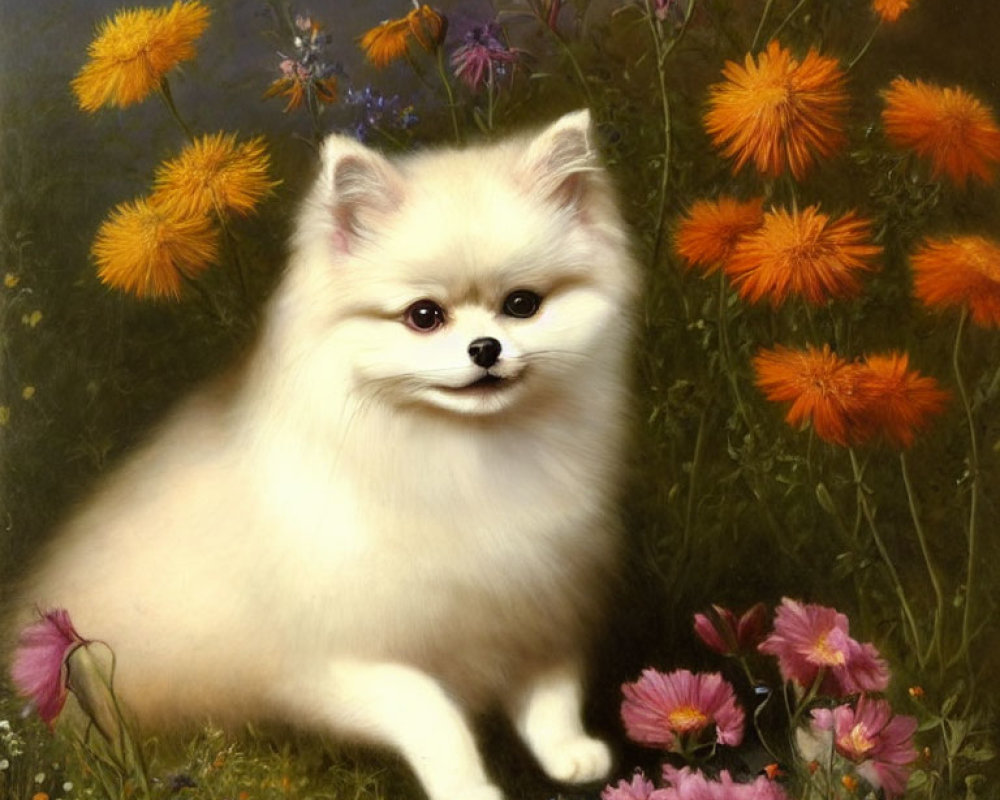 White fluffy dog surrounded by orange and purple flowers in garden scene