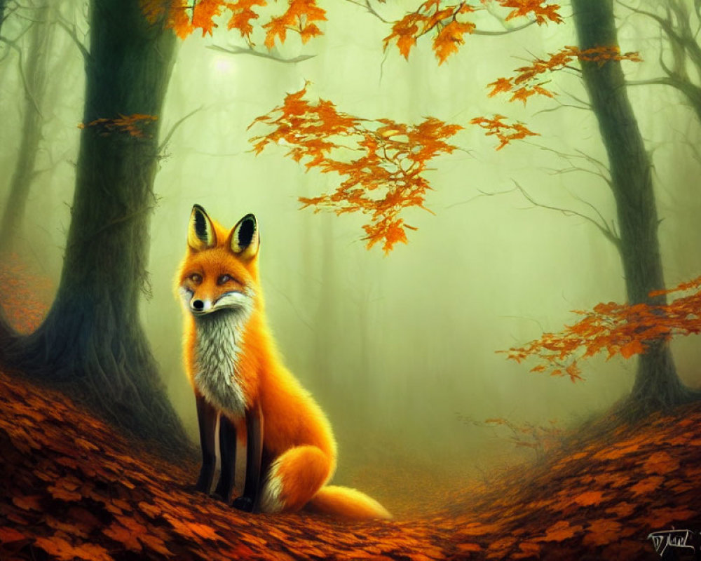 Orange Fox in Mystical Autumn Forest with Fog and Falling Leaves