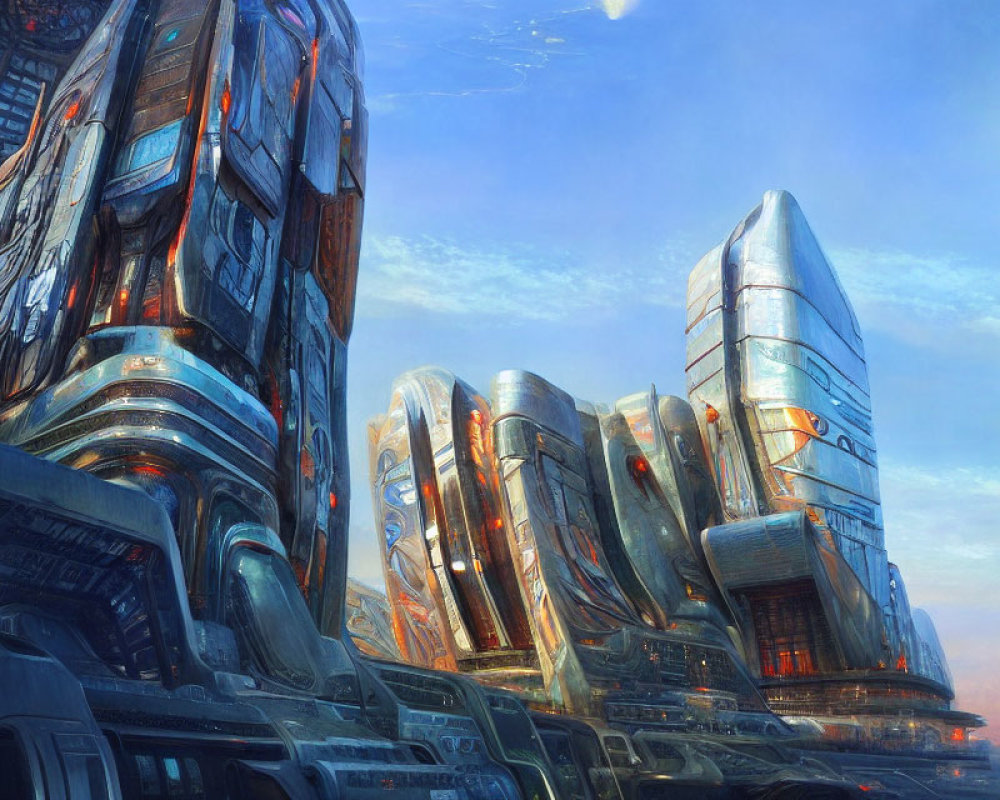 Futuristic metallic skyscrapers in a blue cityscape