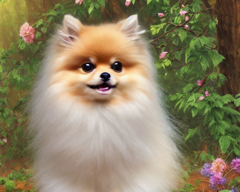 Fluffy Pomeranian Dog Surrounded by Colorful Flowers