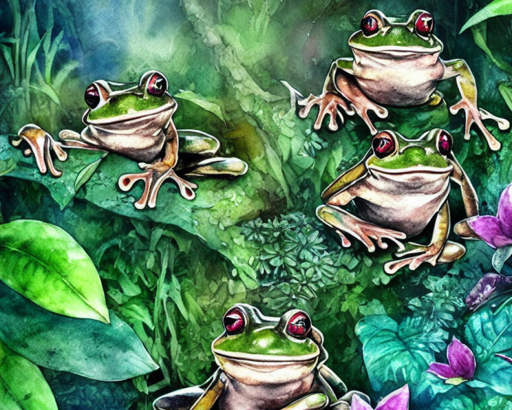 Whimsical frogs with red eyes in lush jungle setting