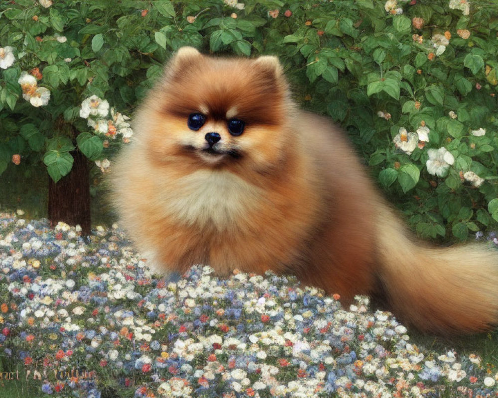 Fluffy Pomeranian Dog Surrounded by Colorful Flowers