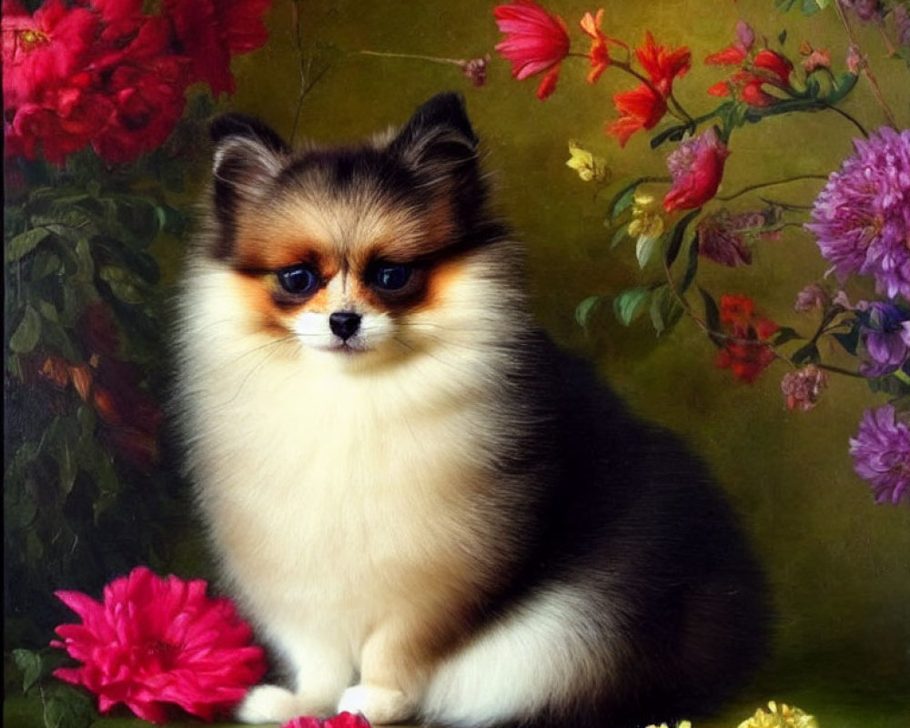 Tricolor Pomeranian Dog Surrounded by Multicolored Flowers