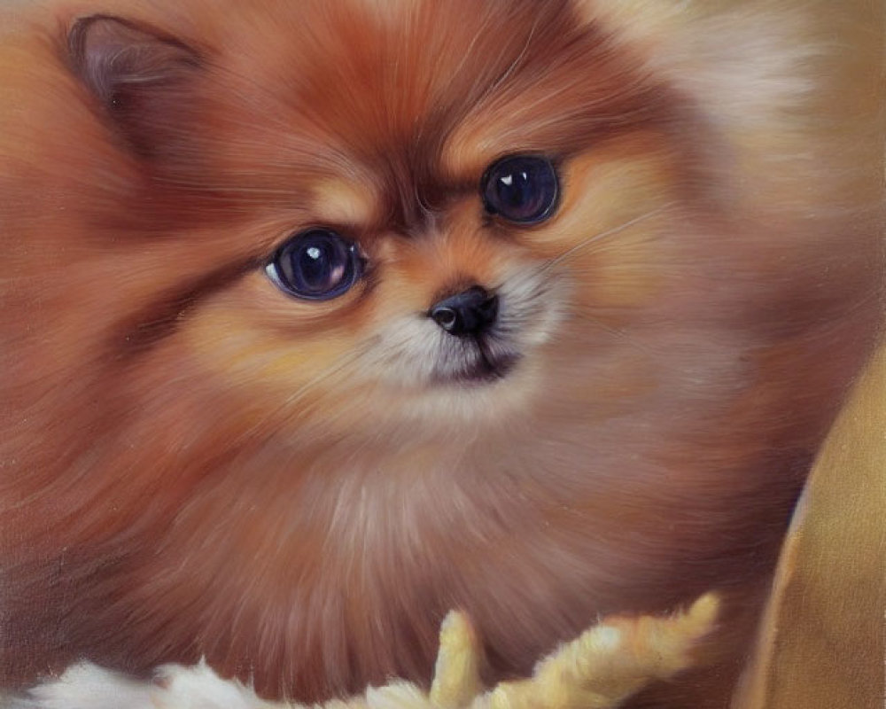 Sable coat Pomeranian with expressive eyes on tan background