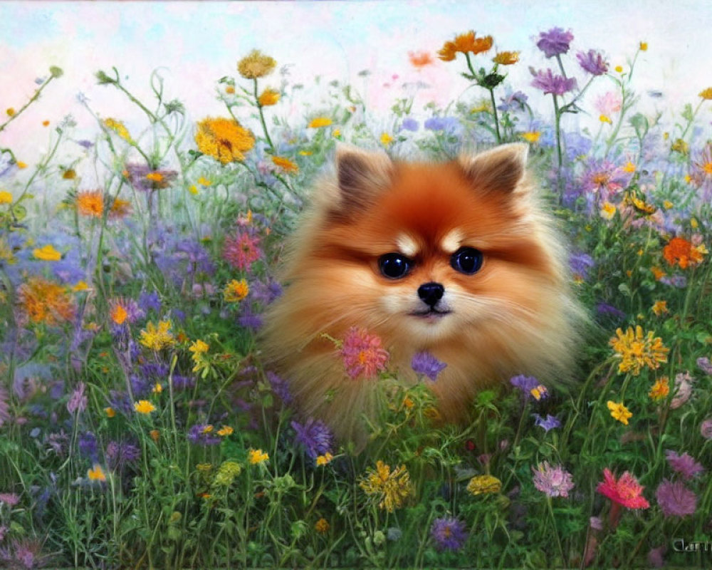 Fluffy Pomeranian Dog in Colorful Wildflower Field