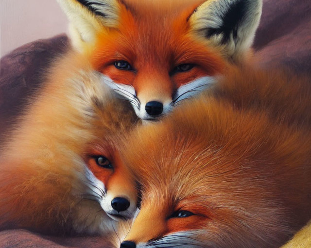 Three Vibrant Orange Foxes Resting Together in Close-Up