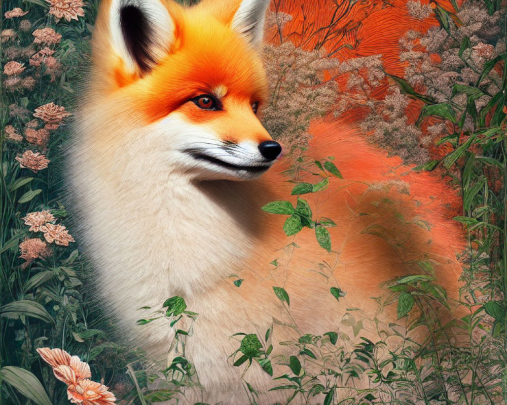 Detailed Illustration of Red Fox in Lush Flora Environment