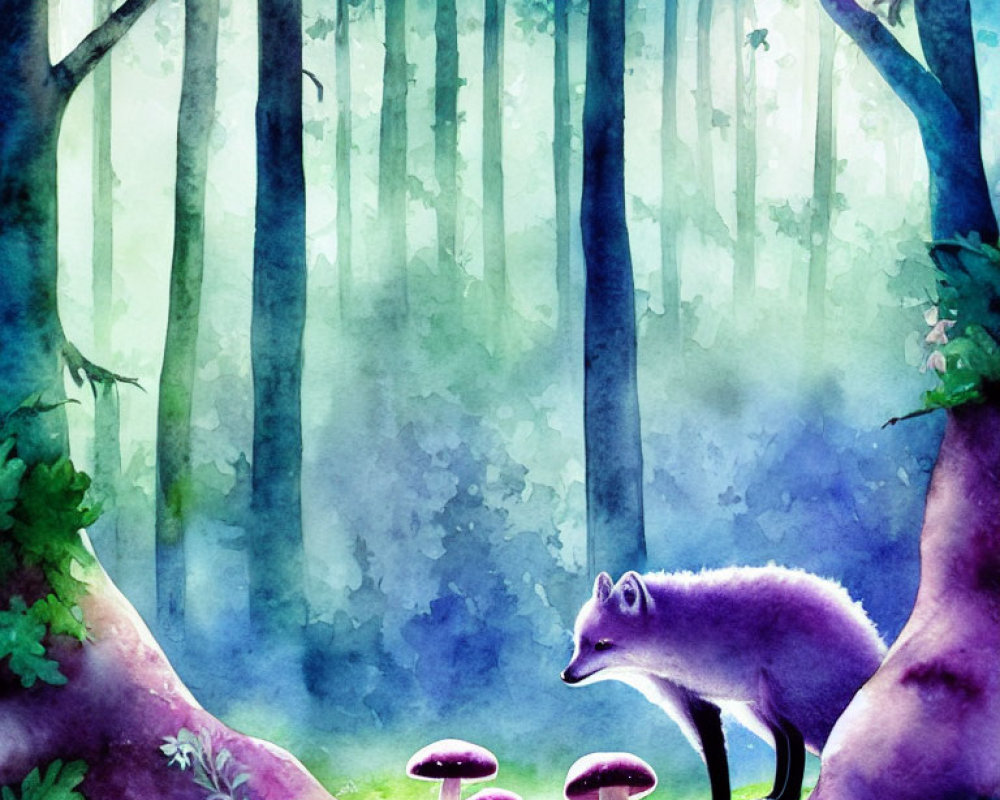 Purple Fox Watercolor Illustration in Enchanted Forest