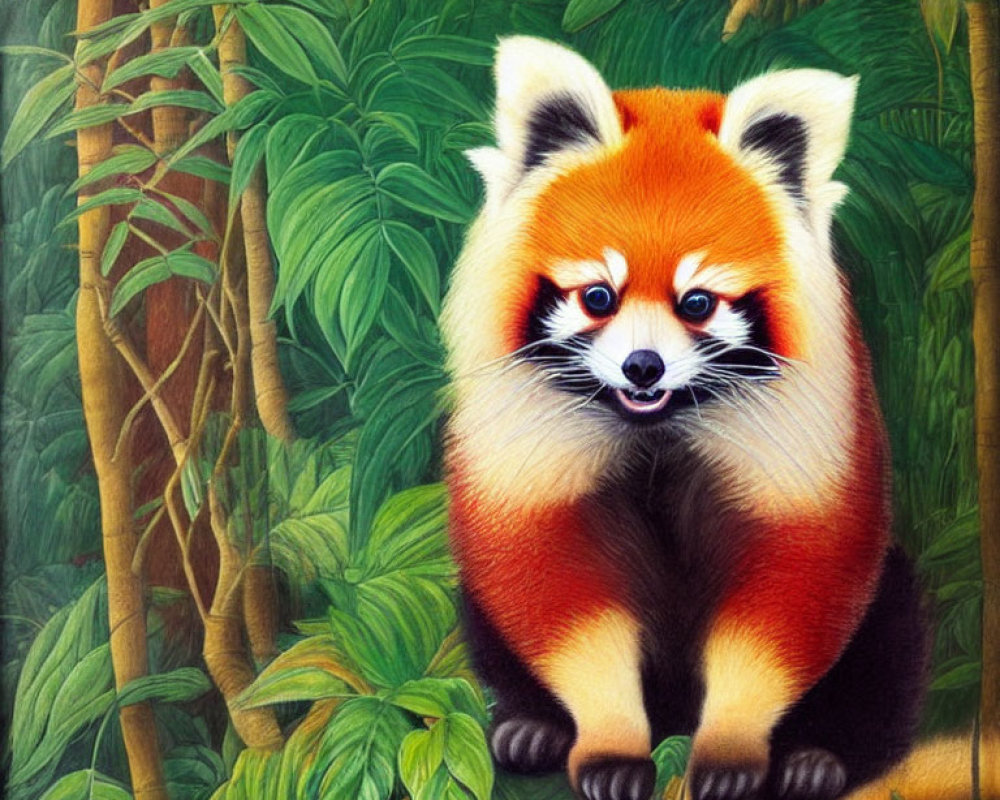 Colorful Illustration: Red Panda with Blue Eyes in Bamboo Setting