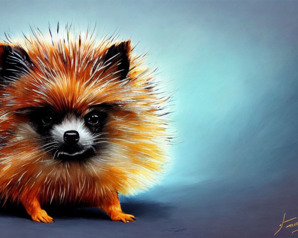 Whimsical creature painting: hedgehog body, raccoon face, soft blue background