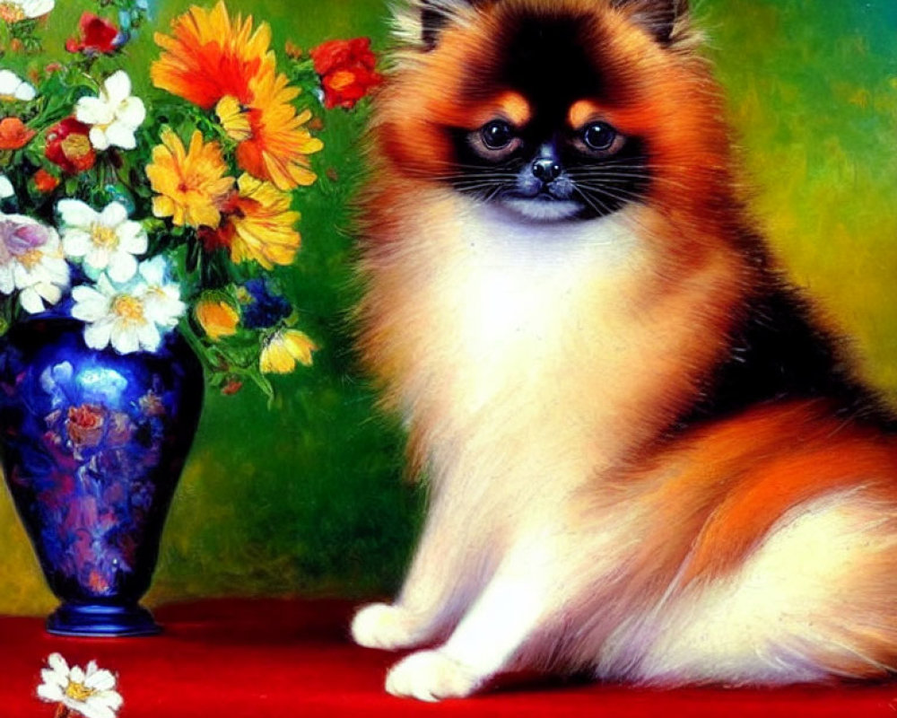 Fluffy Pomeranian Dog with Orange and White Coat Beside Colorful Flowers