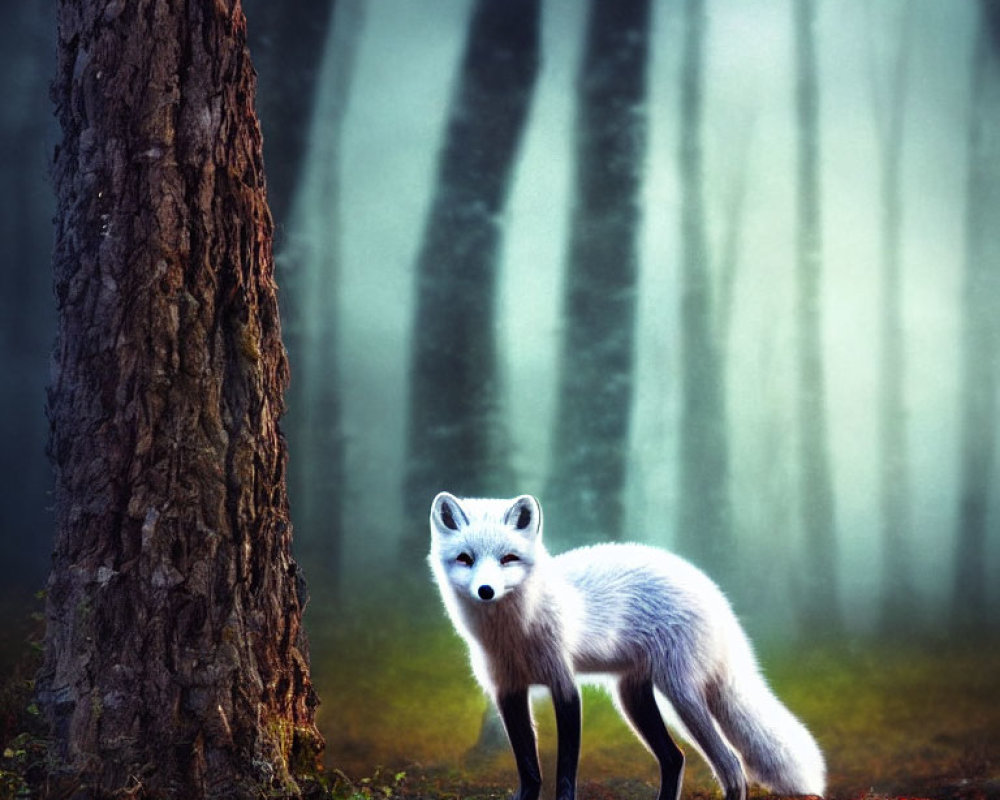 White Fox in Misty Forest with Vibrant Foliage and Blurred Trees