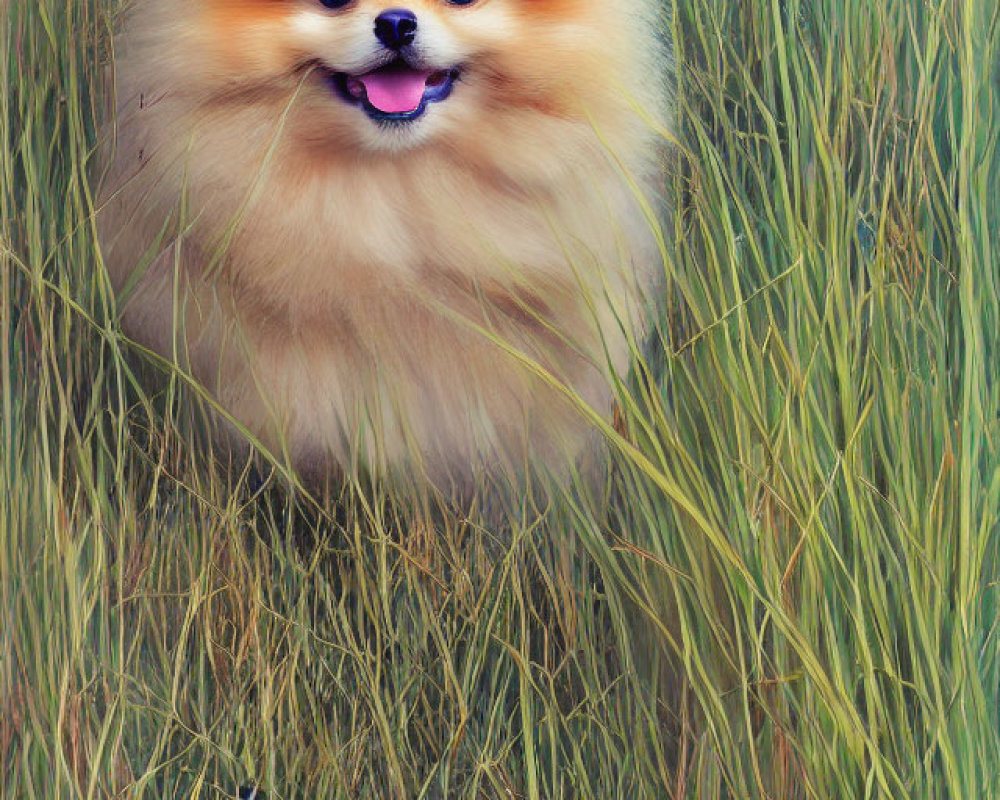 Fluffy Pomeranian Dog Smiling in Green Grass