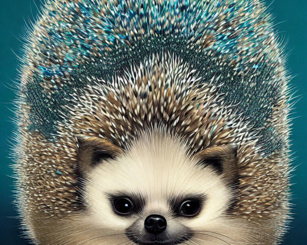 Whimsical hybrid creature: hedgehog body, sloth face, teal background.