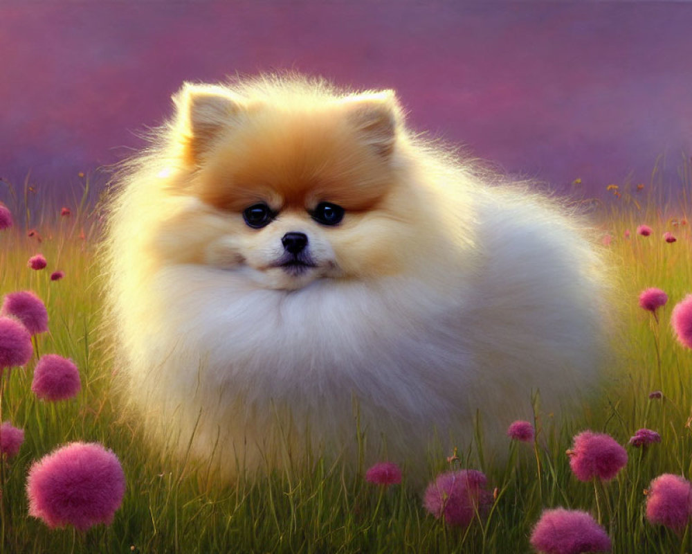 Fluffy Pomeranian Dog in Purple Flower Field