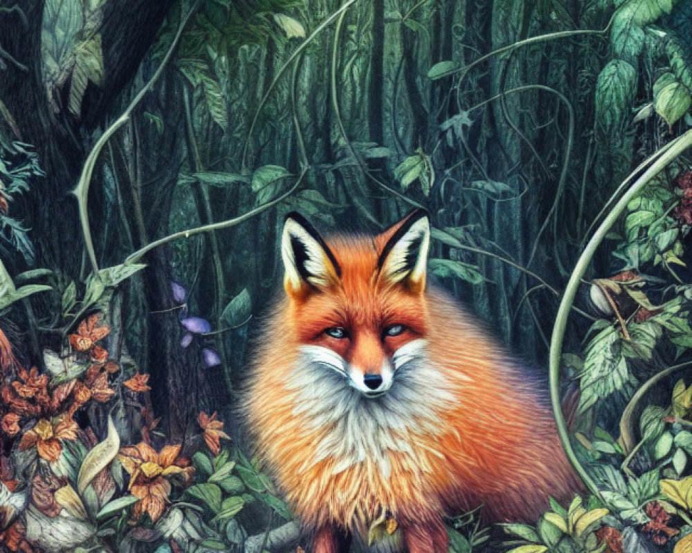 Detailed Illustration of Red Fox in Lush Forest