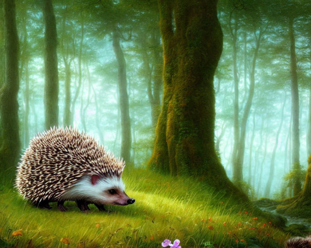 Hedgehog in misty enchanted forest with green trees and flowers