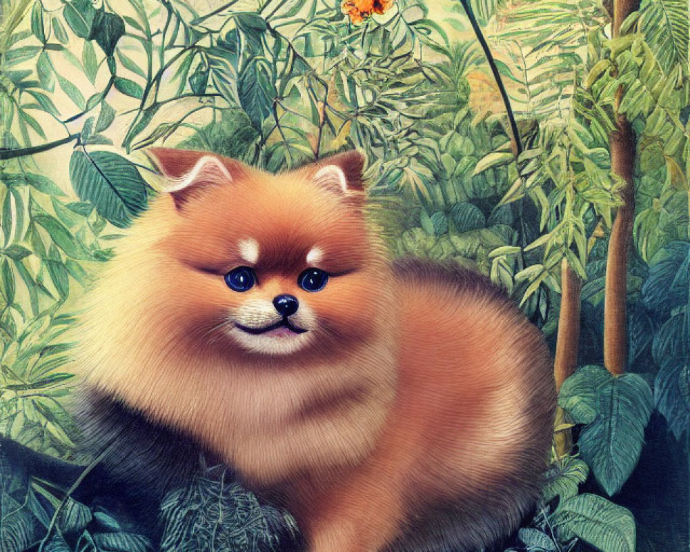 Fluffy Pomeranian Dog Surrounded by Green Foliage and Orange Flower