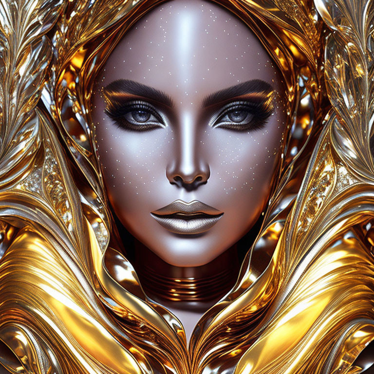 Bronze-skinned woman with dark eyes in futuristic digital art