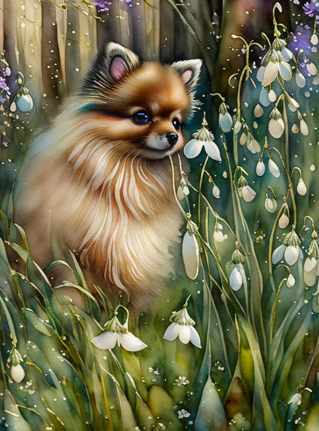 Pomeranian Dog Surrounded by White Bell-Shaped Flowers