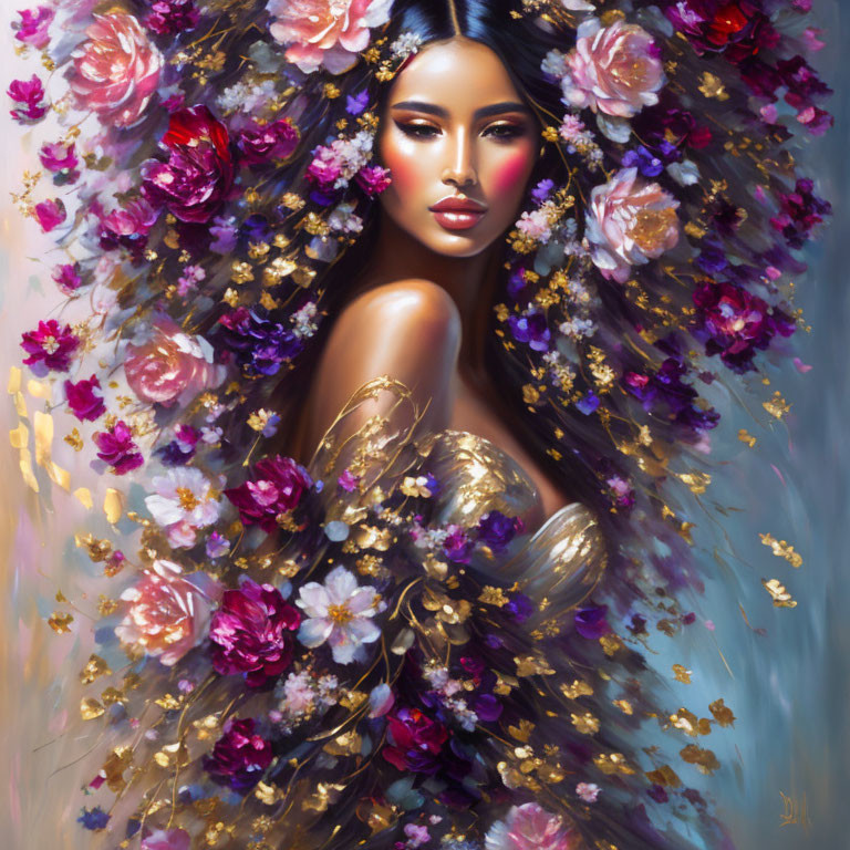 Vivid colorful flowers surround woman in artistic portrait