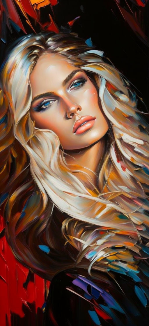 Vibrant portrait of woman with blonde hair and blue eyes on abstract background