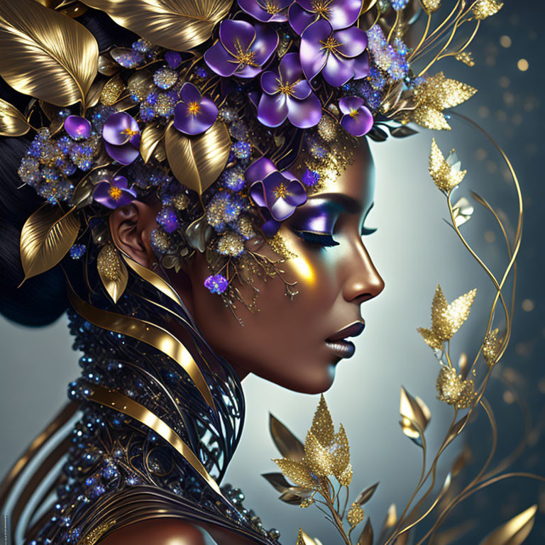 Elaborate Gold and Purple Floral Headpiece on Woman in Digital Art