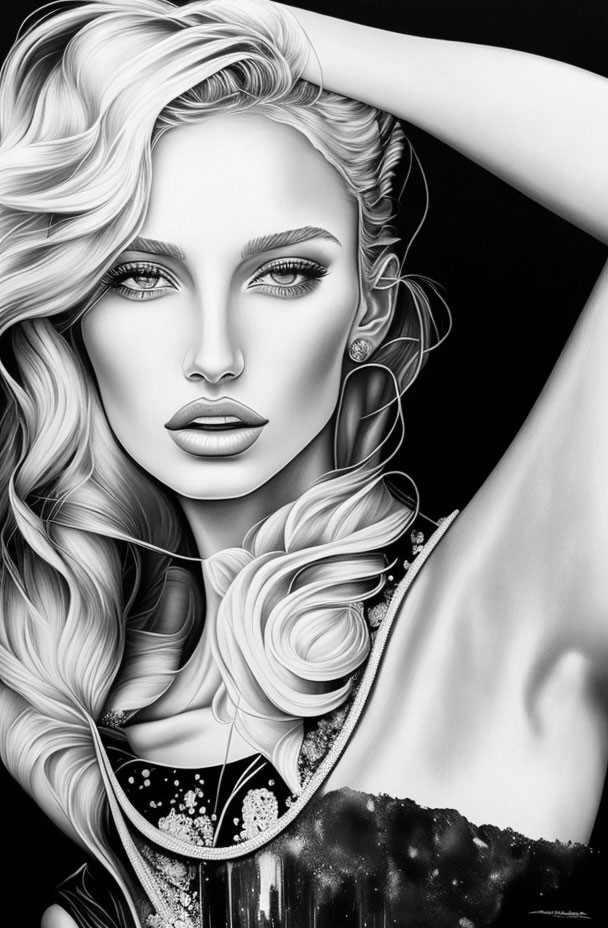 Detailed Monochrome Illustration of Woman with Wavy Hair and Elegant Off-Shoulder Top