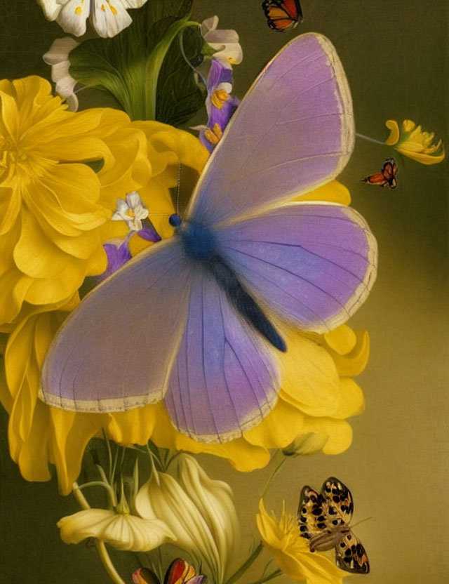 Purple and Blue Butterfly on Yellow Flowers with Small Butterflies in Dark Background