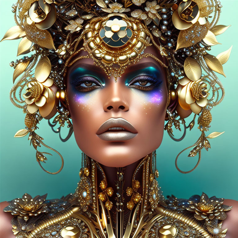 Elaborate Golden Headdress and Jewelry on Regal Figure