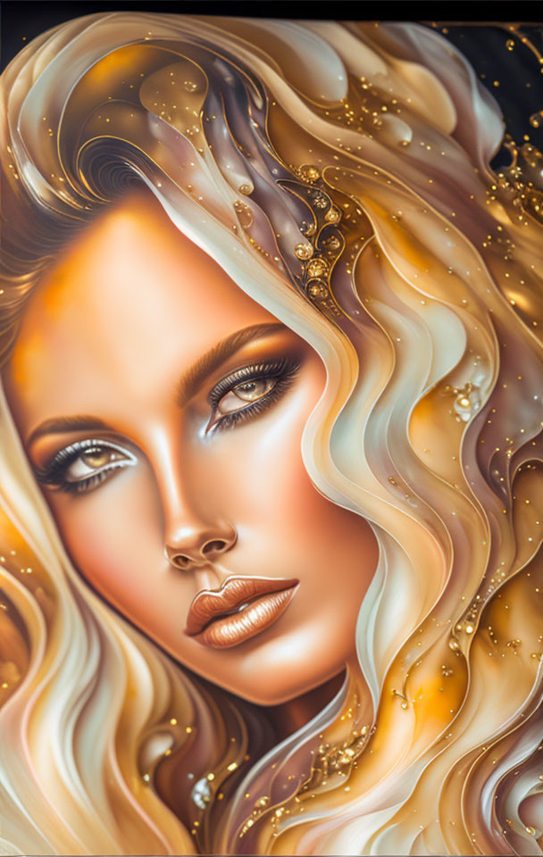 Detailed illustration of woman's face with golden hair and abstract elements in rich colors.