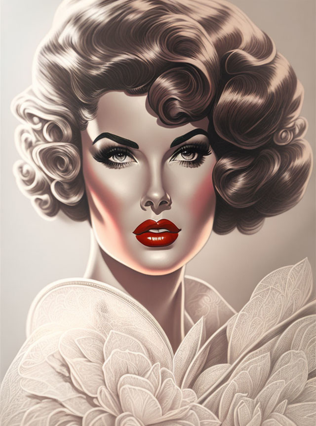 Vintage Woman Illustration with Curly Hair and Bold Makeup