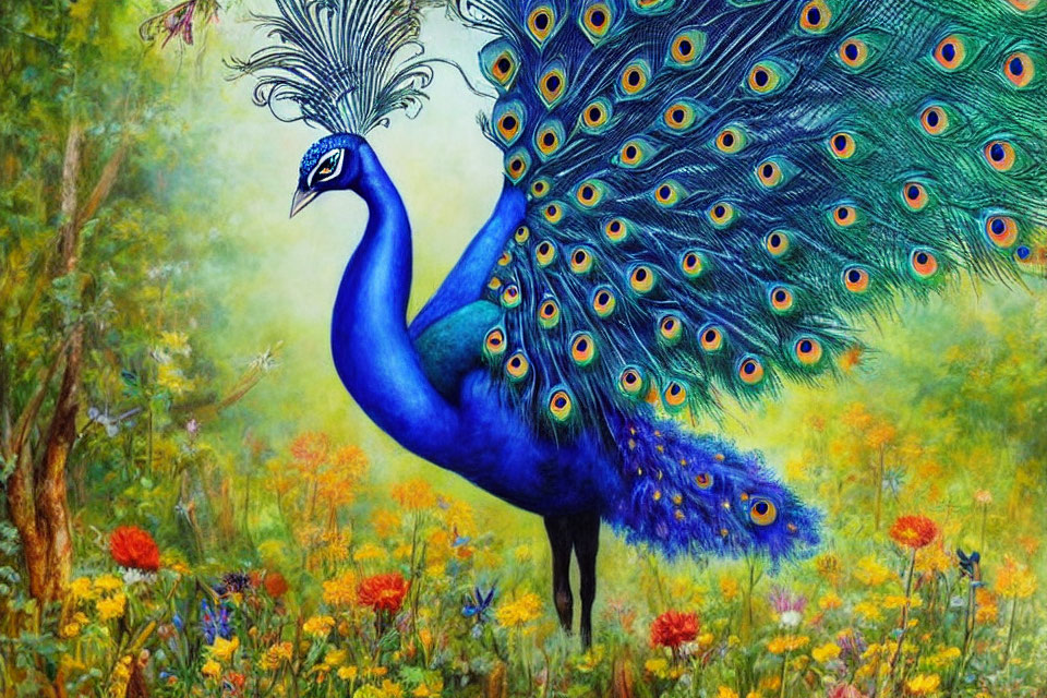 Colorful Peacock with Eyespot Tail in Meadow of Wildflowers