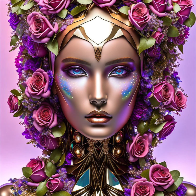 Female figure with floral crown, blue eyes, sparkling makeup, and golden adornments.