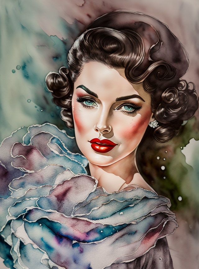 Stylized portrait of woman with vintage hairstyle and bold red lips