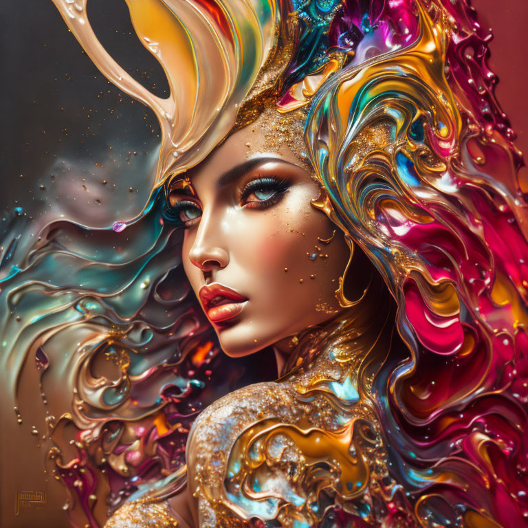 Colorful digital artwork: Woman with gold and iridescent swirls in hair