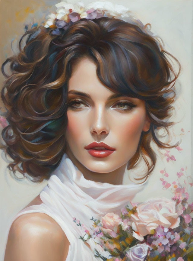 Portrait of Woman with Curly Hair, Flowers, and White Scarf