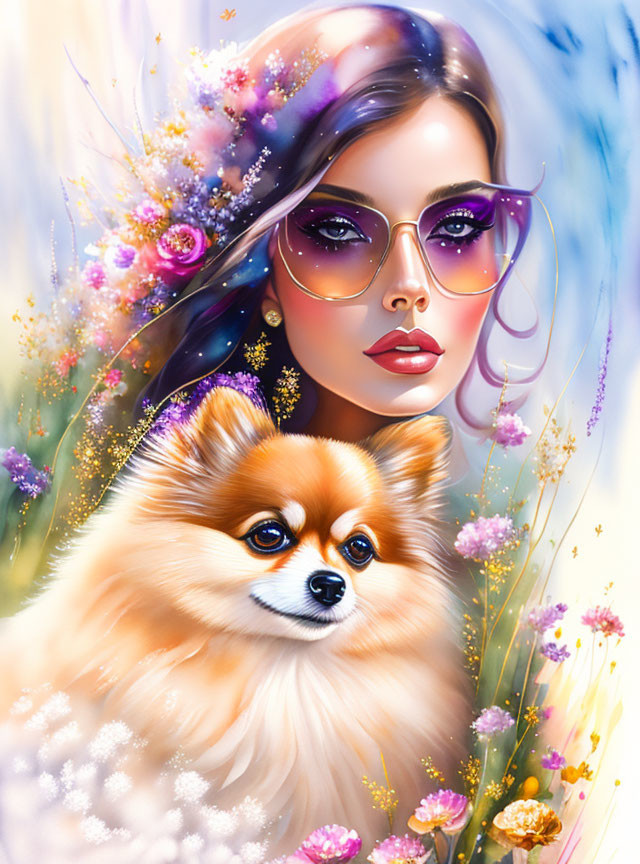 Colorful Hair Woman with Pomeranian Dog and Flowers in Illustration