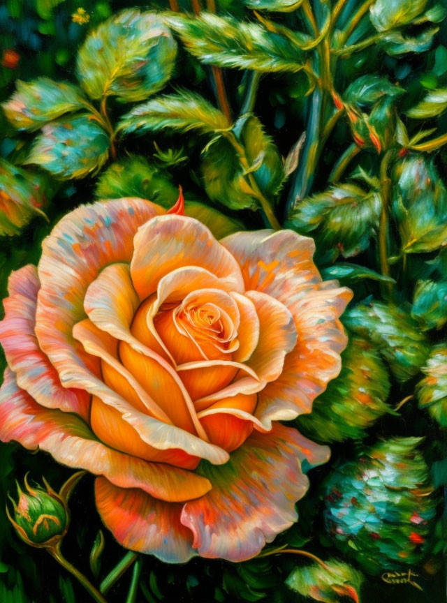 Detailed Painting of Large Peach-Colored Rose Bloom