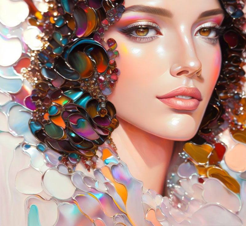 Iridescent woman with jeweled ornaments in pastel colors