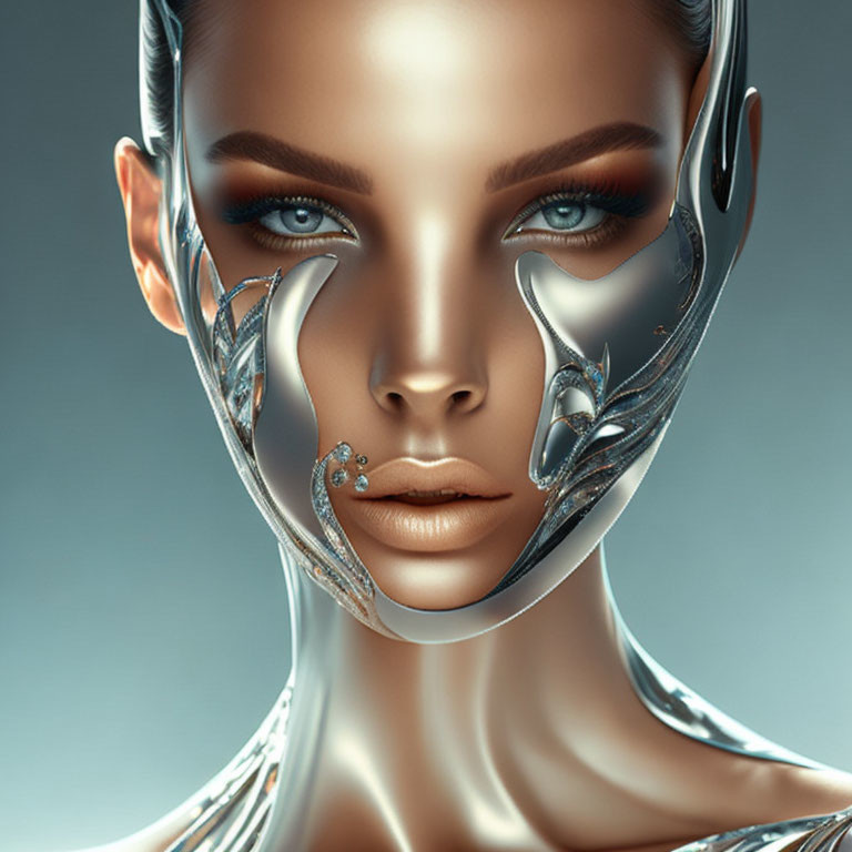 Futuristic female face with organic and metallic features