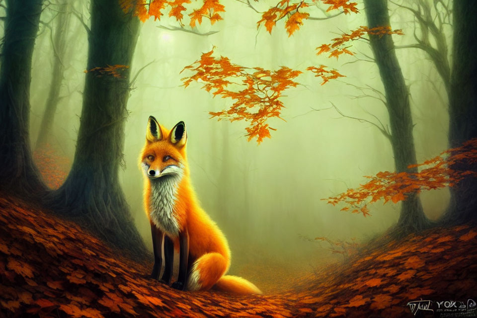 Orange Fox in Mystical Autumn Forest with Fog and Falling Leaves