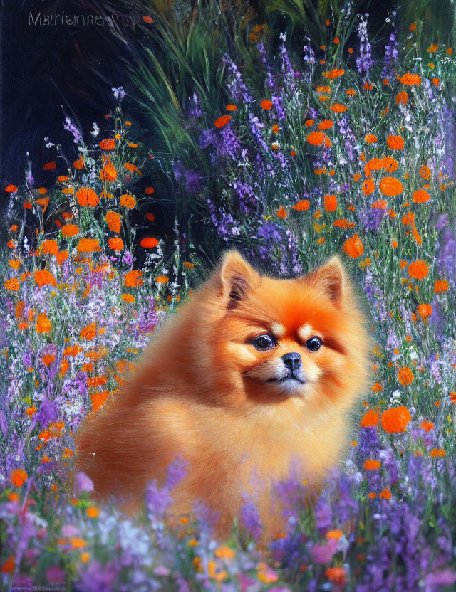 Fluffy Pomeranian Dog Surrounded by Vibrant Wildflowers