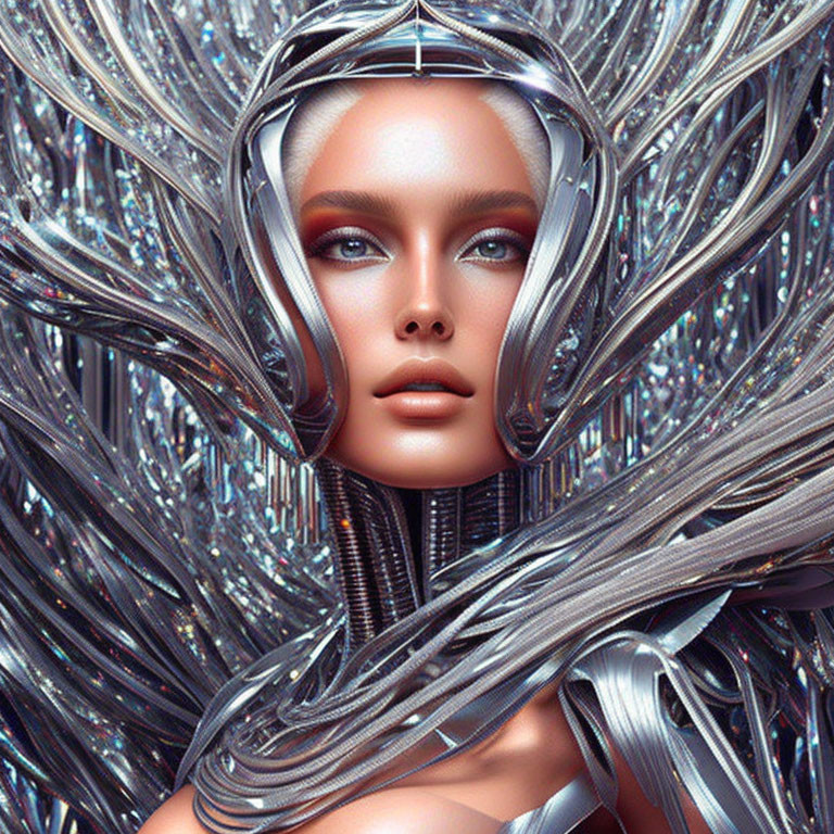 Futuristic female android in silver headgear and metallic bodysuit