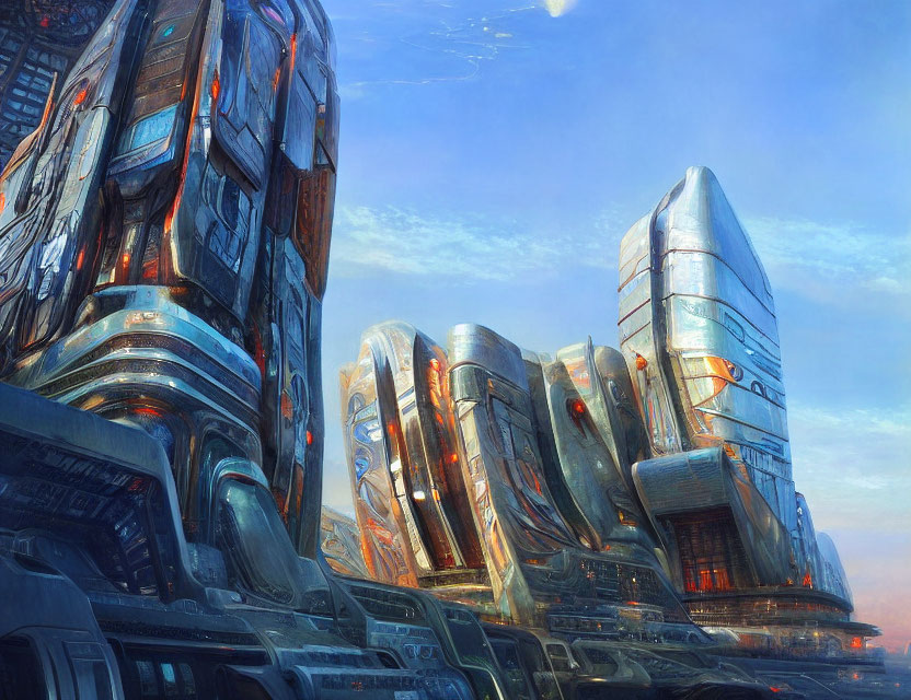 Futuristic metallic skyscrapers in a blue cityscape