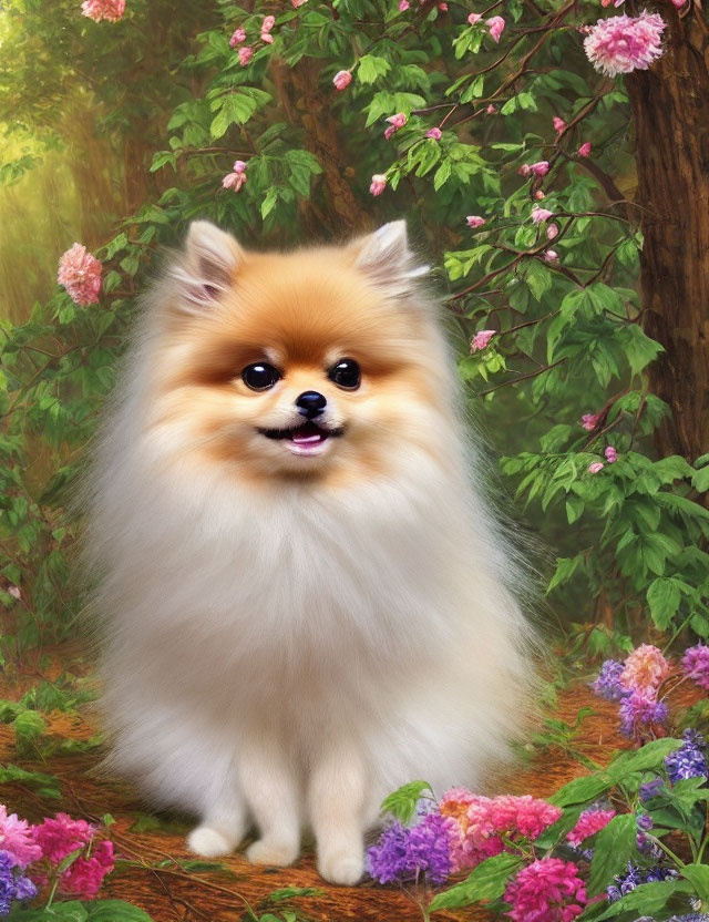 Fluffy Pomeranian Dog Surrounded by Colorful Flowers