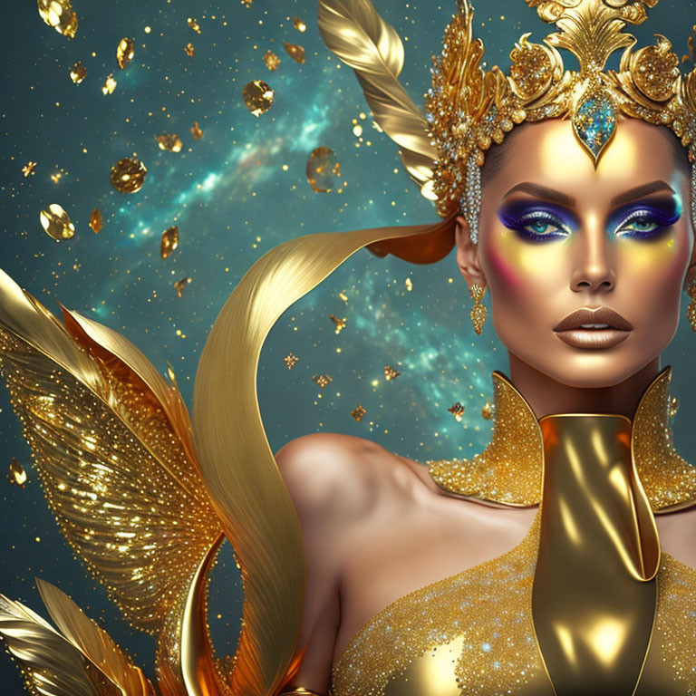 Fantastical portrait of woman with golden skin and feathered headdress against glittery backdrop