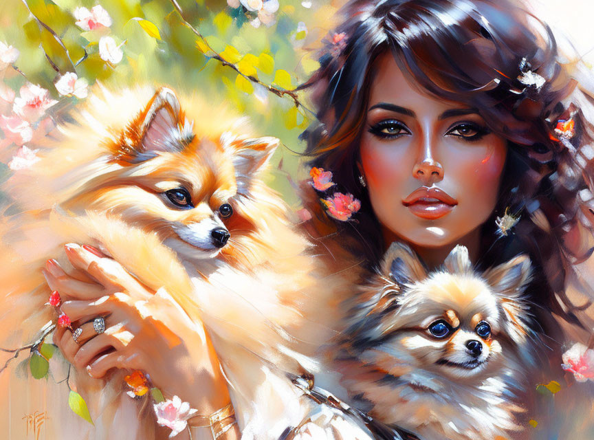 Portrait of woman with long dark hair holding two Pomeranian dogs in front of soft blossoms