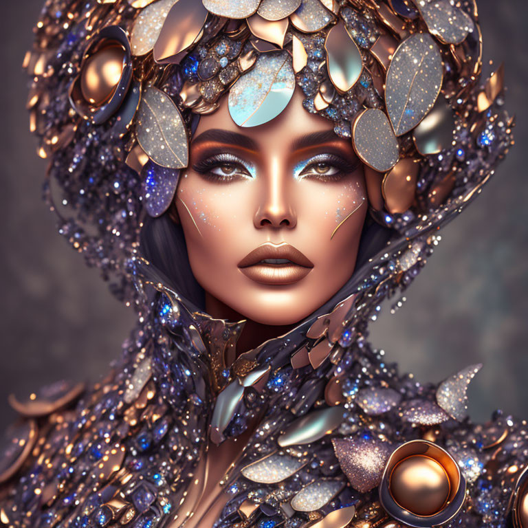 Fantasy portrait of woman with golden headdress and blue face gems